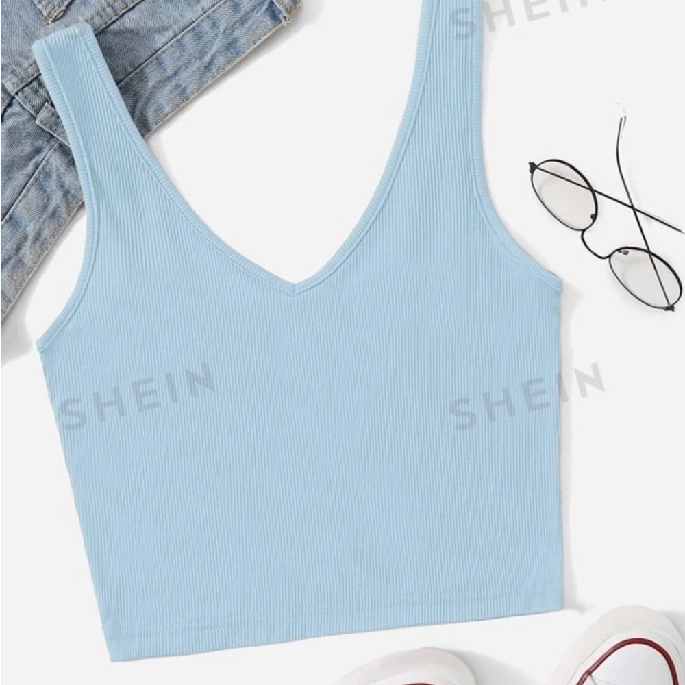 Baby Blue Solid Rib-knit Tank Tops